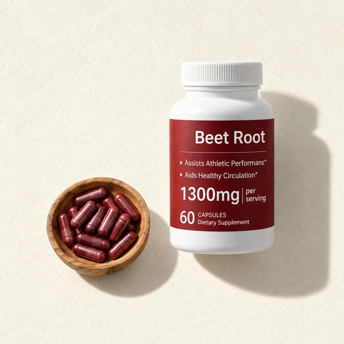 Beet Root bottle with a bowl of capsules on a cream surface